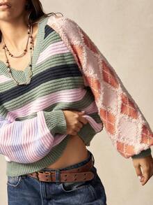 Bohemela Áo len nữ phong cách Boho mùa Đông/Xuân, kiểu dáng vintage, cổ chữ V, tay raglan, dáng rộng, kẻ sọc nhiều màu sắc, thích hợp cho các buổi hòa nhạc, tiệc tùng, đi biển, mặc hàng ngày, đi học, đi chơi, Giáng sinh, Năm mới, phong cách Y2K những năm 2000, kỳ nghỉ hè. - Nhiều màu - Xem 1