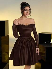 Lovelzi 优雅奢华黑色露肩薄纱蕾丝拼接缎面长裙，适合婚礼、派对、度假、舞会、短款正式礼服（装饰繁复）、情人节等场合。 - 咖啡棕 - 查看 3