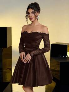 Lovelzi 优雅奢华黑色露肩薄纱蕾丝拼接缎面长裙，适合婚礼、派对、度假、舞会、短款正式礼服（装饰繁复）、情人节等场合。 - 咖啡棕 - 查看 4