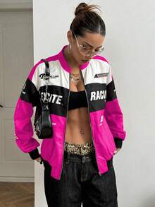 SHEIN PETITE Letter Print Contrast Color Drop Shoulder Bomber Jacket For New Year Clothes Fall Winter Cloth For Women - Hot Pink - View 6