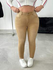 SHEIN ICON Quần jean nữ dáng ôm, túi cài nút, mặc hàng ngày, size lớn - Màu Khaki - Xem 1