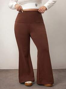 Enliva 大码女式高腰棉质喇叭裤，休闲瑜伽裤，棕色弹力喇叭裤，适合苹果型圆臀身材/2026/新年 - 咖啡棕 - 查看 3