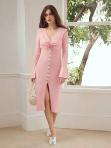 MOTF PREMIUM STEREO FLORAL FLARE SLEEVE SWEATER DRESS - Pink - View 2