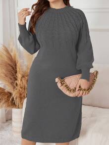 Lacomfia Váy len dệt kim cổ tròn tay dài màu trơn cỡ lớn cho nữ, mùa thu/đông - Xám - Xem 5