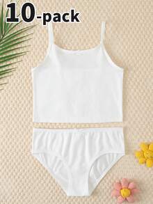Tween Girls Undershirt-Tank Top Brief Set 10Pack Spaghetti Strap Camisole Matching Briefs Soft Breathable Lightweight Stretchy Pastel Pink White Grey Blush Versatile Everyday Loungewear Four Seasons 2026 New Year Essential Round Neck Long Sleeve Options - Multicolor - View 3