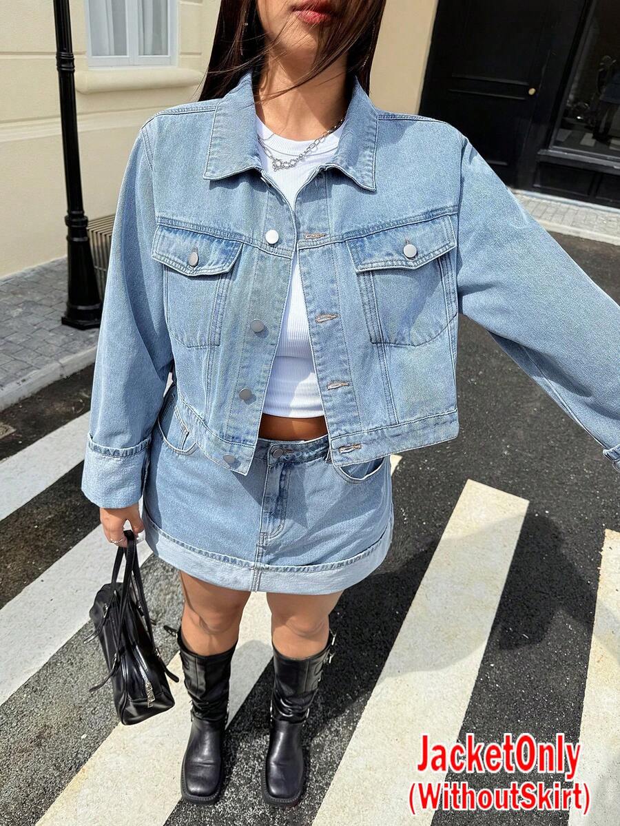 SHEIN ICON Áo khoác denim cổ tay cuộn cổ điển cỡ lớn - Rửa nhẹ - Xem 1