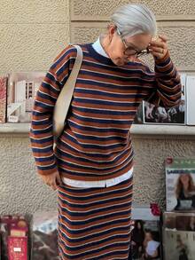 Vivie Lora 女士条纹宽松针织毛衣和半身裙两件套