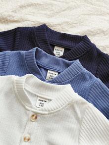 Vintaside Kids 3件套新生男婴休闲简约风蓝色柔软条纹质感短袖上衣，适合日常穿着，春夏款