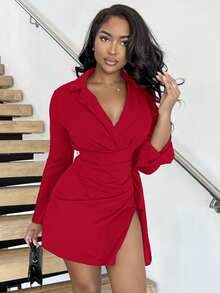 Alexandranx Vestido bajo cruzado de cuello con solapa - Rojo - Ver 5