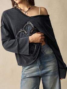Bohemela Women's Casual Solid Color Knitted V-Neck Long Sleeve Loose Washed T-Shirt With Cross Appliques And Rhinestone Decoration - Black - View 5