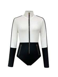 Franclia Mono casual de manga larga con cremallera y parches blancos para mujer