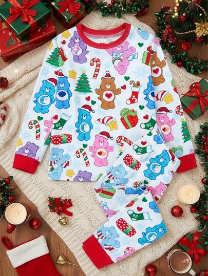 SHEIN X Care Bears 小女孩卡通圣诞彩虹熊全身印花撞色拼布高弹力贴身长袖上衣和裤子睡衣套装，秋冬