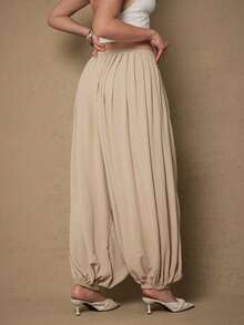 Freevana Quần ống rộng lưng thun co giãn thoải mái cho nữ cỡ lớn - Màu Khaki - Xem 2