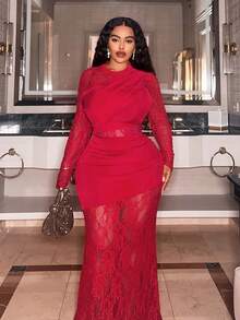 Slaydiva 秋冬新款优雅派对聚会约会舞会精致迷你连衣裙，适合毕业季、婚礼季、生日派对、休闲外出、闺蜜聚会等场合。性感纯红色长袖修身长裙，饰有透视网纱拼接，大码情人节装扮。 - 紅色 - 查看 9