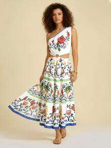 CAJUNI 女士休闲度假可爱刺绣玫瑰花卉不对称露肩镂空圆领中长连衣裙，适合约会、外出等场合 - 彩色 - 查看 4