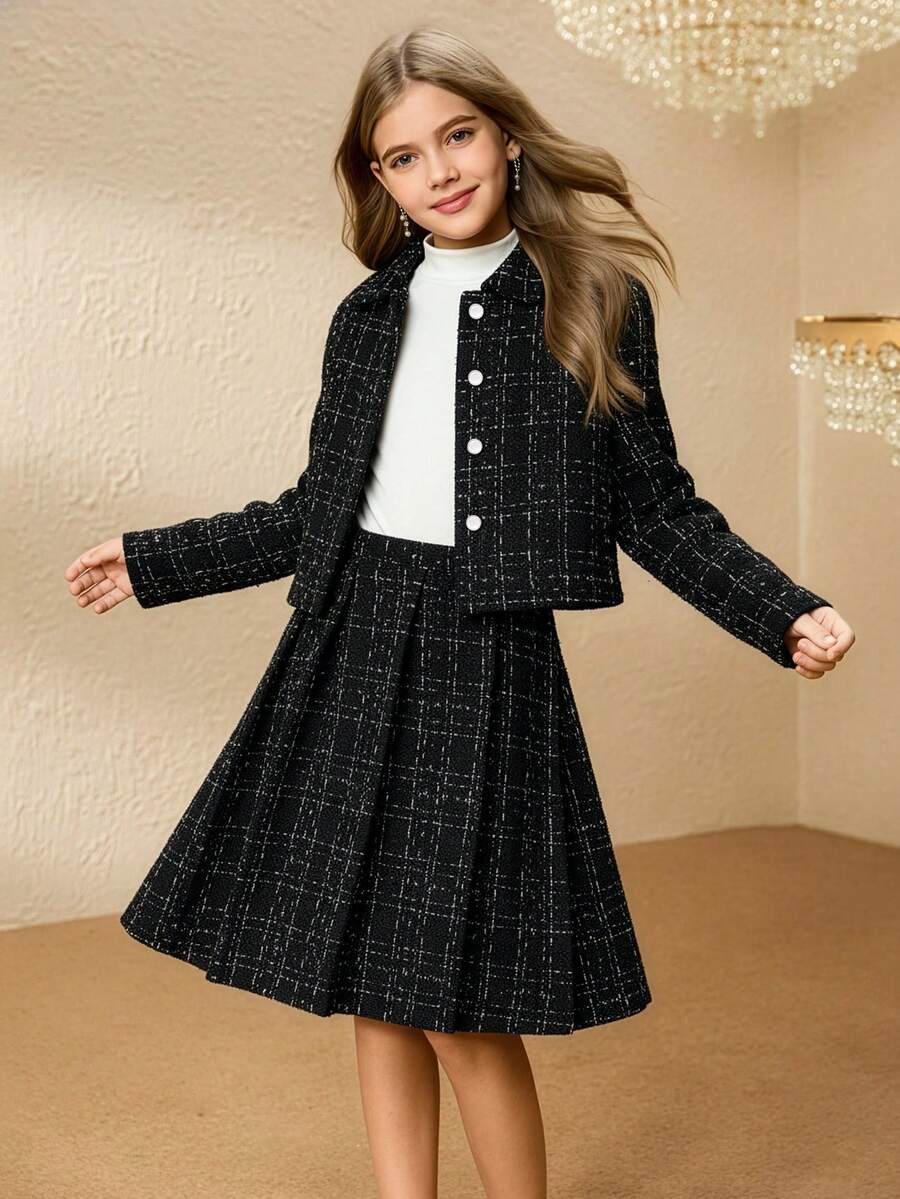 Tween Girl Front Button Long Sleeve Jacket And Skirt Elegant Set Girls Black Plaid Skirt Suit Tweed Skirt Set For Girls Kids Jacket And Skirt Outfit Girls Matching Jacket Skirt Girls Tweed Two Piece Set - Black - View 1