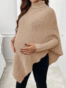 SHEIN Pregnant Women's Solid Color High Neck Batwing Long Sleeve Casual Sweater, Autumn/Winter - Apricot - View 4