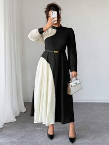 SHEIN Elenzya 大码女式撞色长袖褶皱优雅连衣裙 - 黑色 - 查看 7