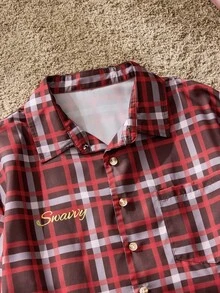 SWAVVY Men's Fashionable Digital Print Plaid Patchwork Shirt, Autumn/Winter Men S Patchwork Top Long Sleeve - Red - View 5