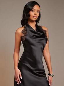 L'Amorae Women's Solid Color Lace Patchwork Simple Daily Backless Halter Dress - Black - View 4