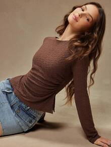 WESTFADE Western Cowgirl Lace Boatneck Ruched Split Side Semi Sheer Fitted Long Sleeve T-Shirt Spring Break - Coffee Brown - View 5