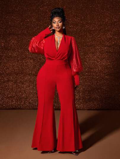 Maweii Plus Size Women's Fashion Elastic Bubble Lantern Sleeve Design Printed Red Bodysuit, Slim Fit Sexy Flare Jumpsuit, Suitable For Holidays, Parties, Christmas, Commuting, New Year