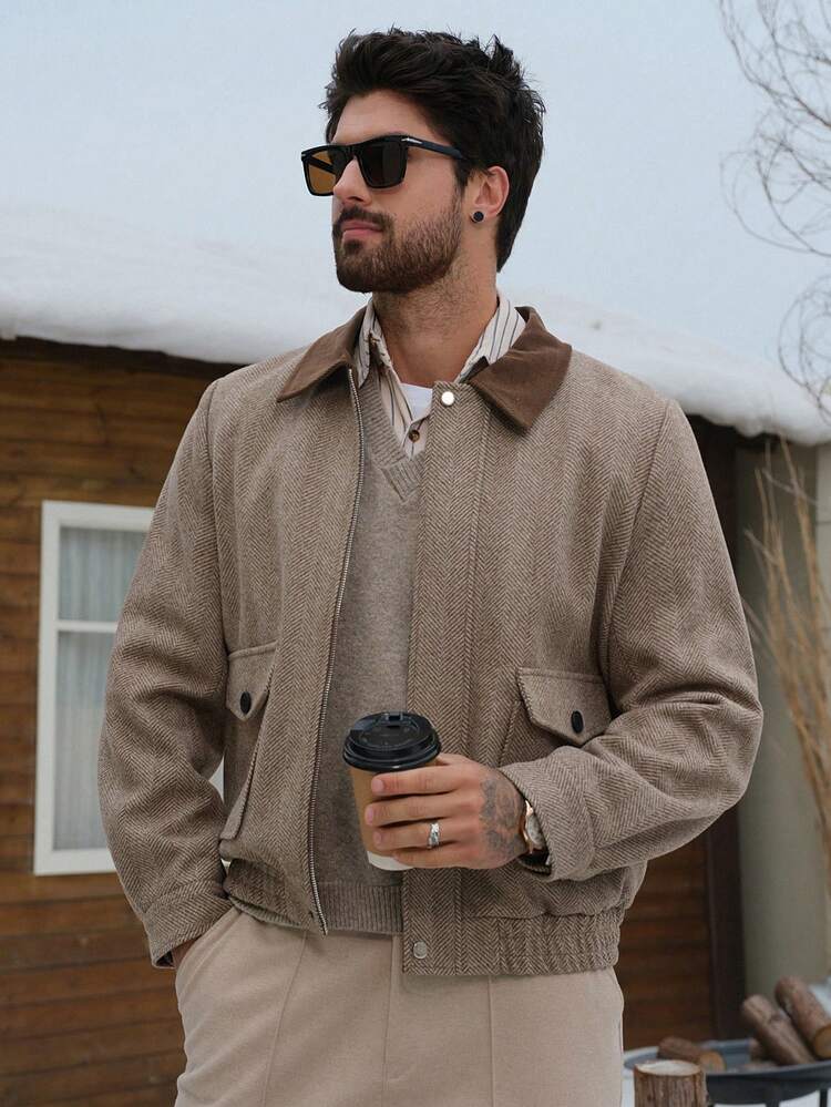 DAZY Men's Thick Twill Fabric Patchwork Collar Design Jacket And Coat, Autumn/Winter - Multicolor - View 4