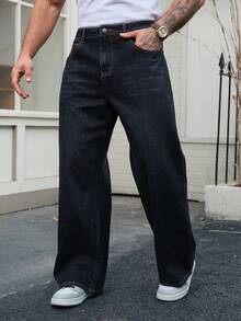 DAZY Jeans de pierna ancha para hombre, tela de denim crudo índigo con diseño de parche, otoño - Azul - Ver 6