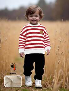 LMoss Kids 男婴条纹圆领卫衣长裤两件套，保暖加厚，秋冬季 - 紅色 - 查看 7