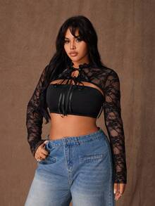 Rustia Top scurt din dantelă neagră, mărime plus, asortat cu bluză, semitransparent, versatil, mânecă lungă, legături în față, top scurt la modă