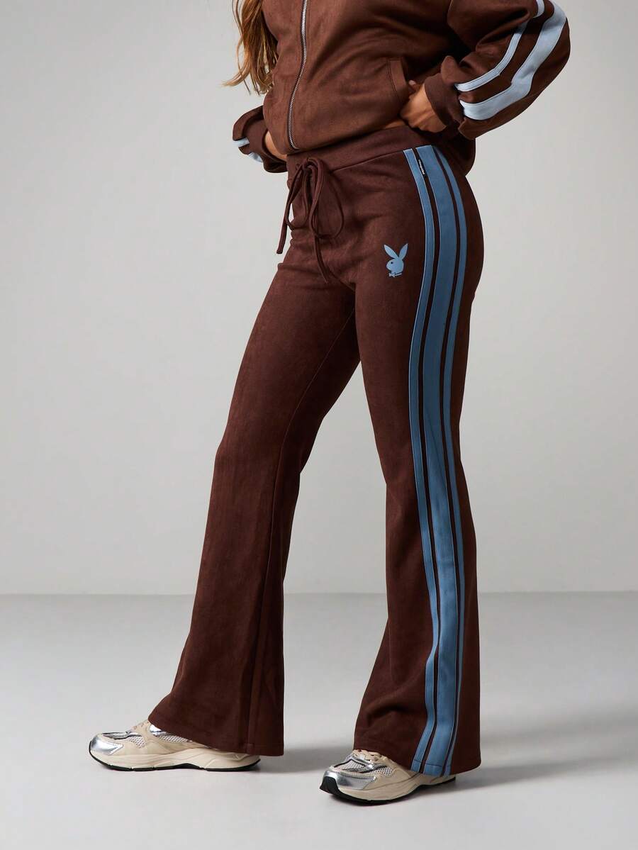 Missguided x Playboy 女士丝绒喇叭运动裤，侧边条纹，抽绳腰带，舒适宽松版型，适合秋冬休闲穿着 - 棕色 - 查看 1