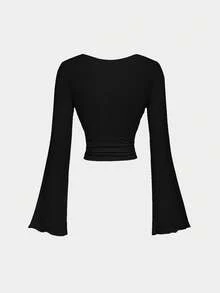 SHEIN MOD Bộ áo phông 3 món tay loe màu trơn thanh lịch - Đỏ và đen - Xem 8