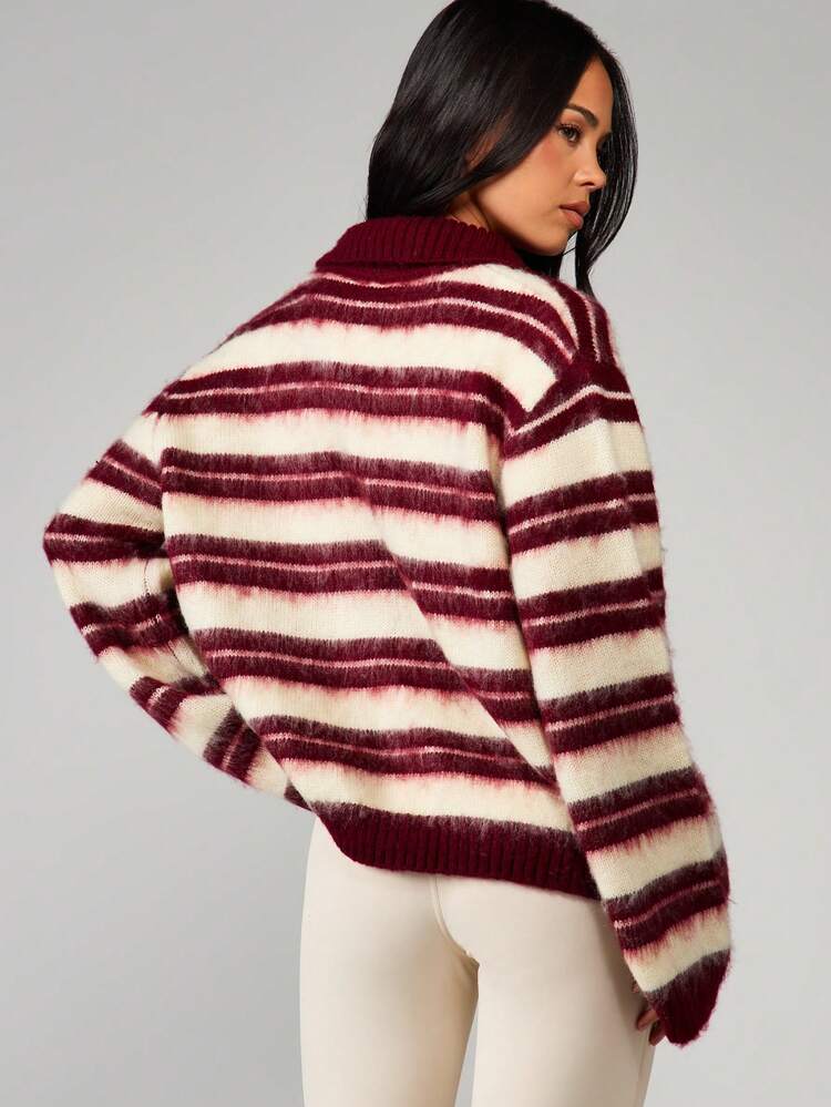 MISSGUIDED Oversized Striped Quarter Button Polo Sweater With Ribbed Collar And Cuffs For Cozy Winter Layering