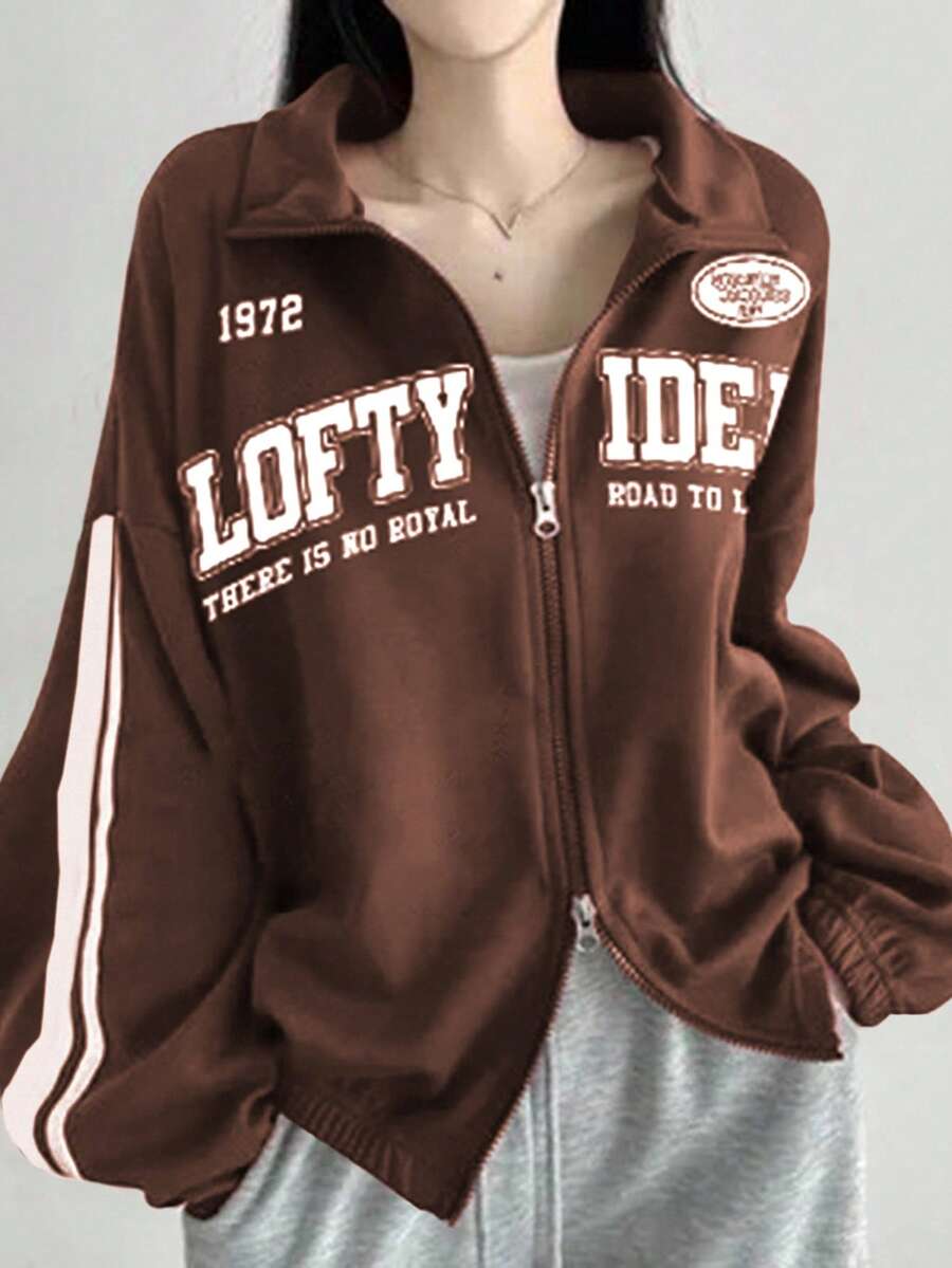 DAZY 女士休闲字母印花宽松卫衣 - 棕色 - 查看 1