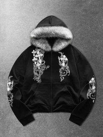 Sudadera con capucha con cremallera y cuello de piel para uso diario con estampado de cruz para hombres