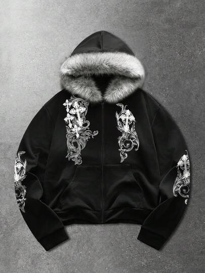 Felpa con cappuccio e chiusura lampo da uomo con stampa a croce da strada, per uso quotidiano, con colletto in pelliccia