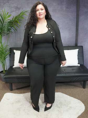 Truni 大码纯色高腰接缝细节黑色裤子