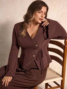 SHEIN LUNE Women's Ribbed Knit Tie Front Elegant Commute & Date Top, Autumn/Winter - Brown - View 8