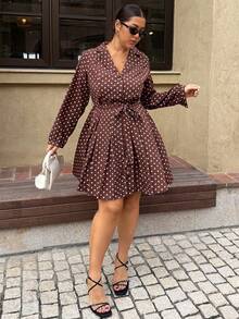 Dripcurv Plus Size Brown Polka Dot French Midi Dress For Autumn,Classique Date Night,New Year Look,Teacher Outfits,Business Work Uniforms - Multicolor - View 1