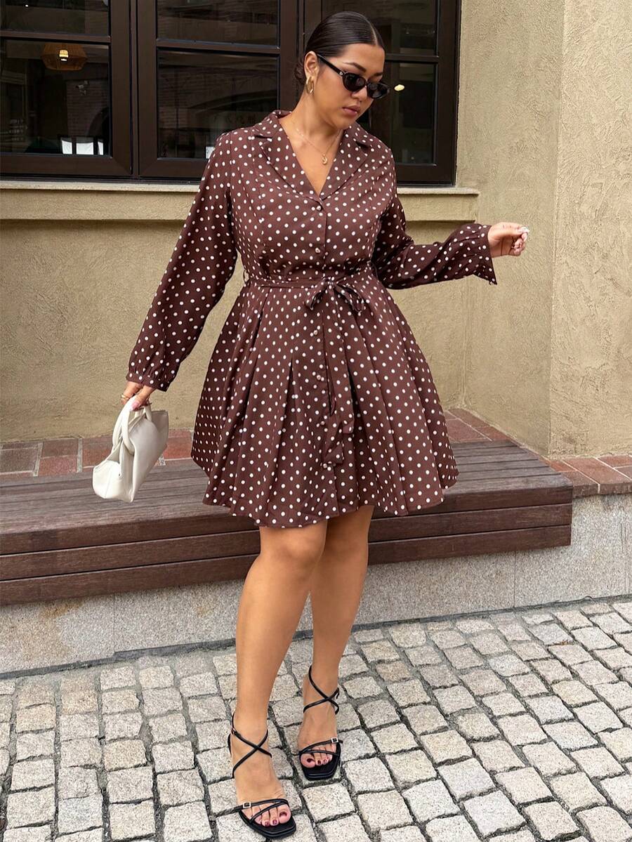 Dripcurv Plus Size Brown Polka Dot French Midi Dress For Autumn,Classique Date Night,New Year Look,Teacher Outfits,Business Work Uniforms - Multicolor - View 1