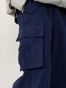 SHEIN Tween Boy Vacation Collegiate Style Side Pockets 3D Patch Pockets Straight Loose Solid Woven Pants - Navy Blue - View 4