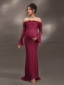 Cheriluna Maternity 优雅露肩白色蕾丝长袖鱼尾长裙，适合婚礼、派对、迎婴派对、孕妇写真、洗礼等场合。 - 中紫紅色 - 查看 7