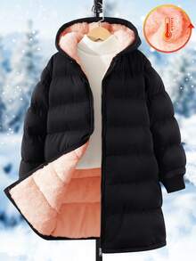 SHEIN 1pc Tween Girl Mid-Length Long Sleeve Padded Coat, Plush Lining, Comfortable And Warm, Solid Color Outerwear