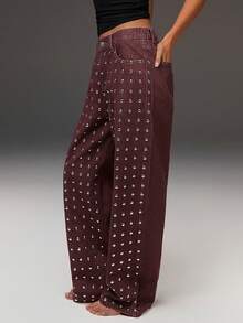 Athîral Women's Rivet Pocket High Waist Wide Leg Denim Pants Stud Embellished Brown Jeans,Retro Baggy Statement Trousers Street Style - Khaki - View 4