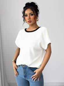 Elenzga Camiseta de manga corta elegante con lazo decorativo para mujer, de verano - Blanco - Ver 3