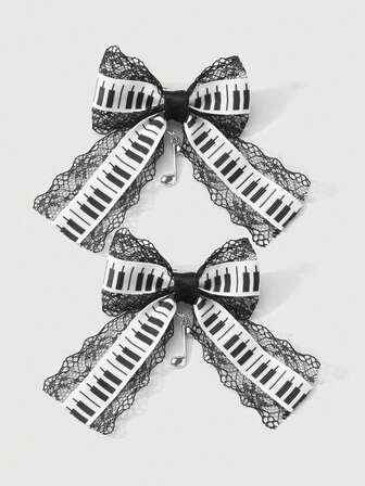 Kawaii 2 pezzi Fermagli per capelli versatili e minimal chic, di alta qualità, con nota musicale e fiocco in bianco e nero, set combo di fermagli laterali, adatti per donne e ragazze, per uso quotidiano e come regalo per le vacanze