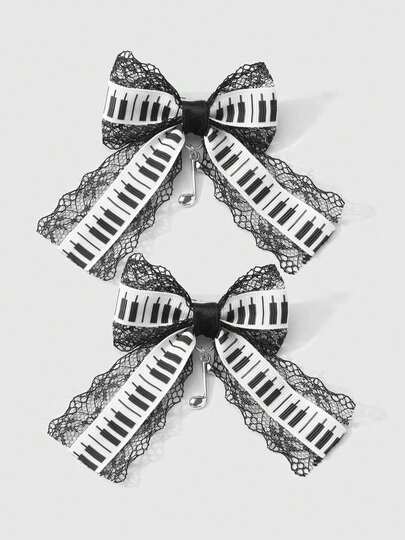 Kawaii 2 pezzi Fermagli per capelli versatili e minimal chic, di alta qualità, con nota musicale e fiocco in bianco e nero, set combo di fermagli laterali, adatti per donne e ragazze, per uso quotidiano e come regalo per le vacanze