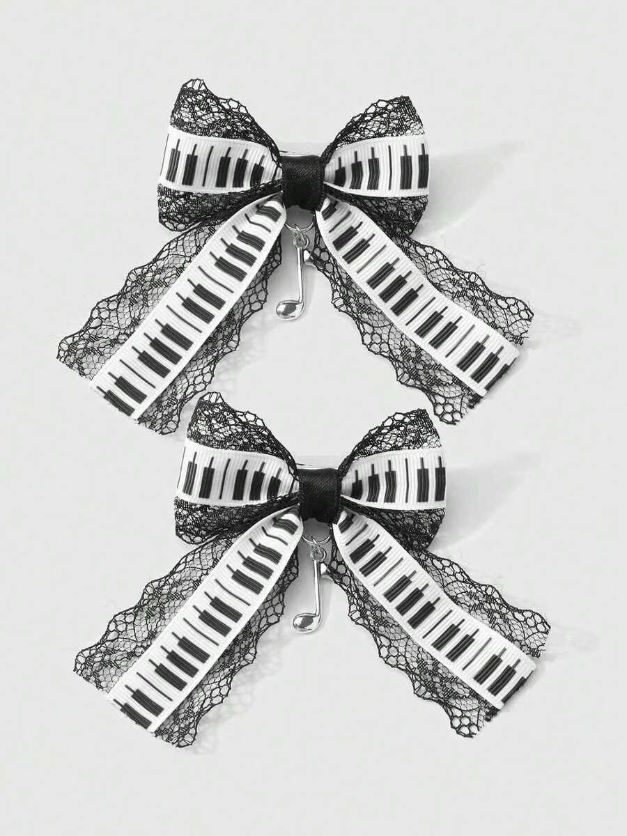 ROMWE Kawaii 2件套简约百搭复古时尚高品质黑白音符蝴蝶结吊坠DIY发夹，侧夹组合套装，适合女性、女孩日常佩戴，节日礼物 - 黑白色-4 - 查看 1
