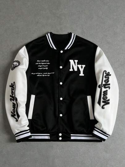 Manfinity ZONE917 男士标语图案双色运动夹克，外出街头穿搭字母棒球长袖拼色夹克，适合朋友、丈夫、男朋友的礼物，适合秋季