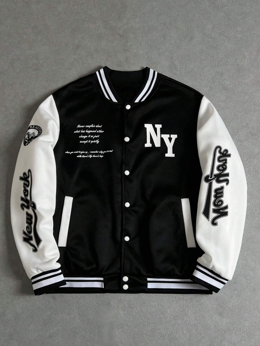 Manfinity ZONE917 Áo khoác Varsity hai tông màu họa tiết khẩu hiệu dành cho nam, Áo khoác bóng chày dài tay nhiều màu, Quà tặng cho bạn bè, chồng, bạn trai, cho mùa thu - màu đen - Xem 1